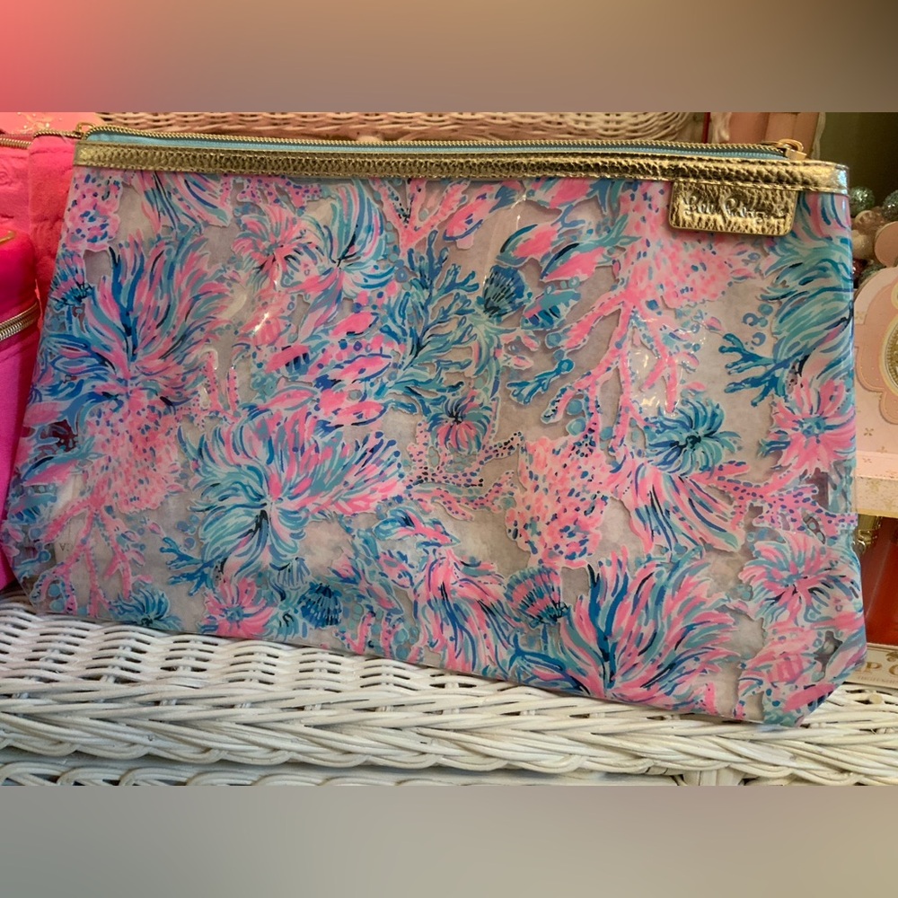 Floral Pink & Blue Cosmetic Pouch lilly pulitzer new nice size large
